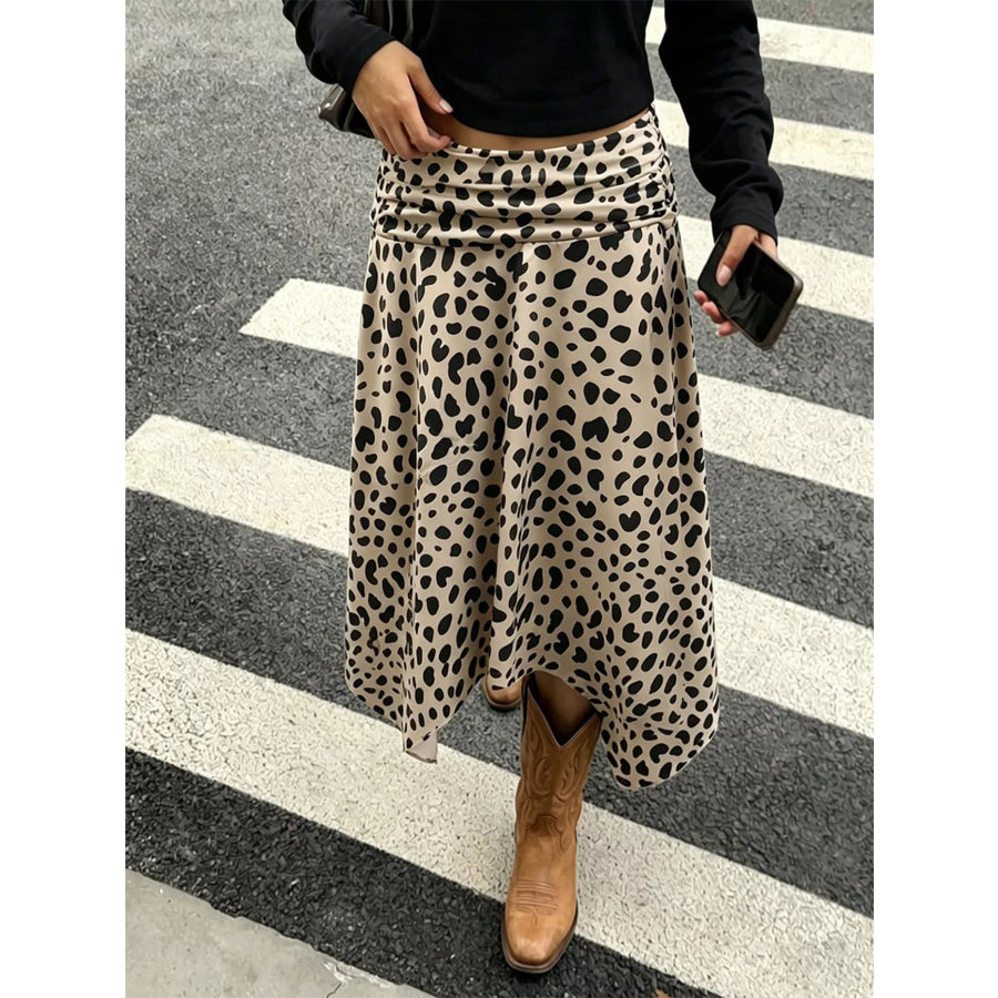 Leopard Print Asymmetrical Hem Midi Skirt Apparel and Accessories