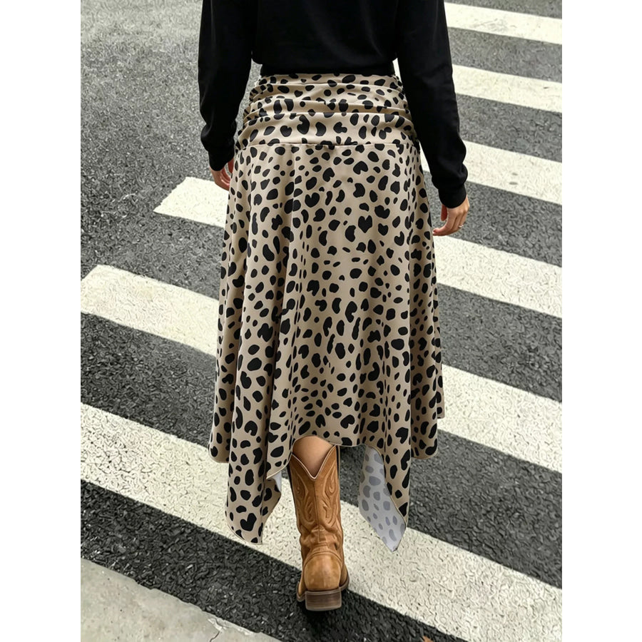 Leopard Print Asymmetrical Hem Midi Skirt Apparel and Accessories