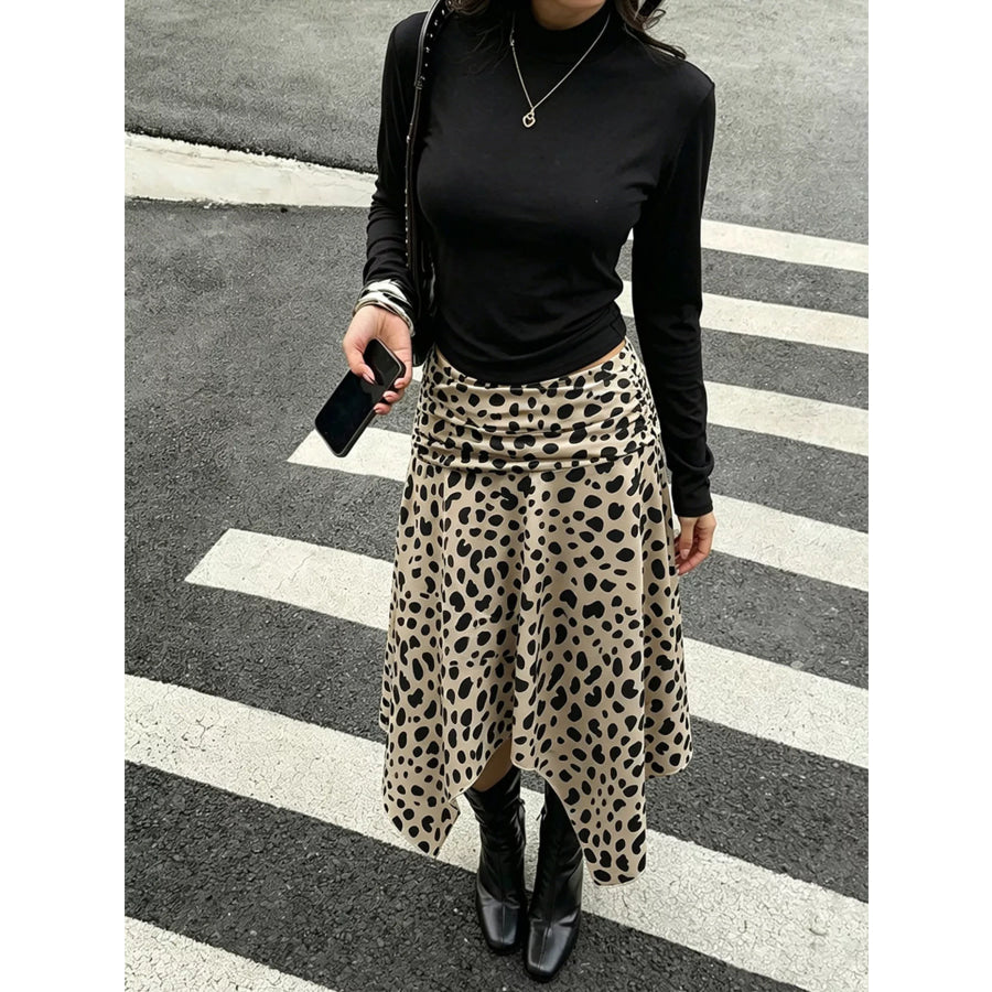 Leopard Print Asymmetrical Hem Midi Skirt Apparel and Accessories