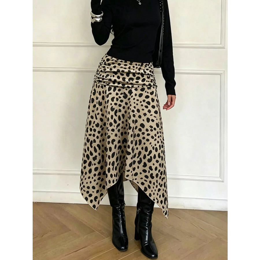 Leopard Print Asymmetrical Hem Midi Skirt Apparel and Accessories