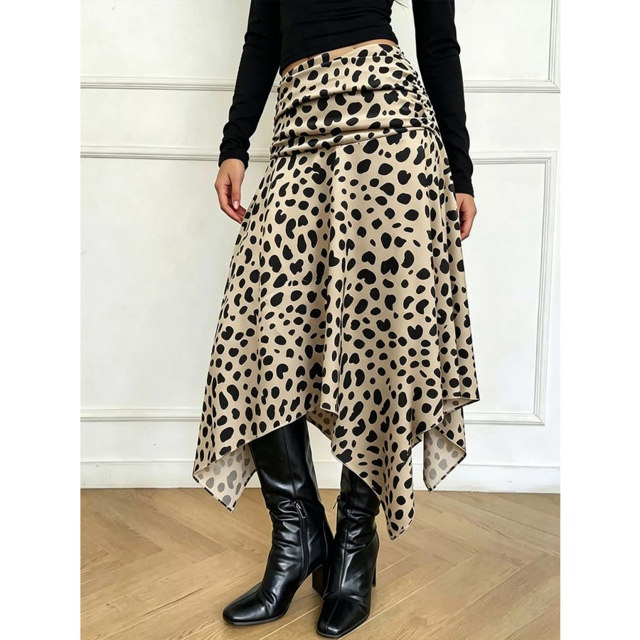 Leopard Print Asymmetrical Hem Midi Skirt Khaki / S Apparel and Accessories
