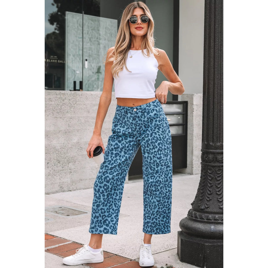 Leopard Print Barrel Leg Jeans Apparel and Accessories