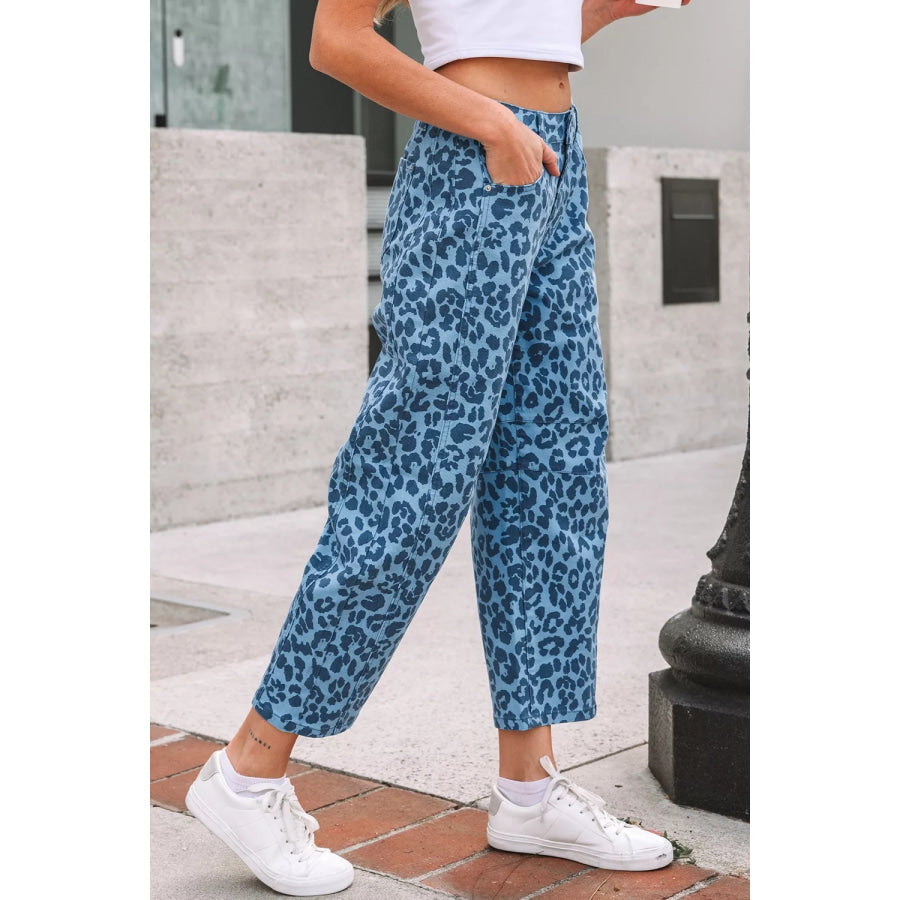 Leopard Print Barrel Leg Jeans Apparel and Accessories