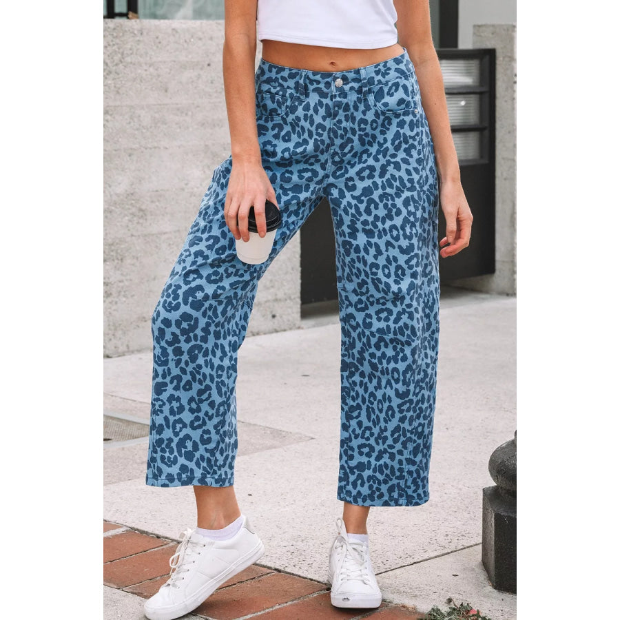 Leopard Print Barrel Leg Jeans Cerulean / 4 Apparel and Accessories
