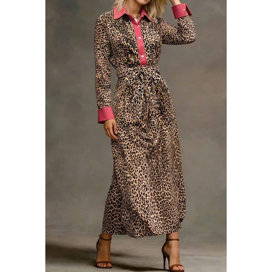 Leopard Print Belted Maxi Shirt Dress Apparel and Accessories