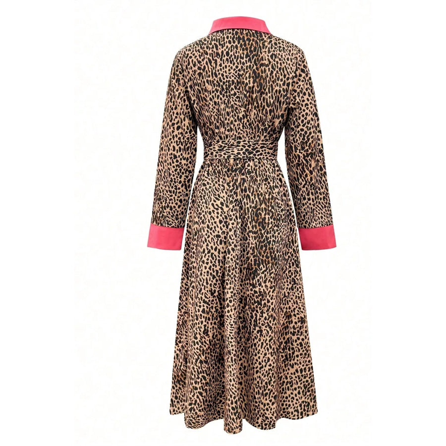 Leopard Print Belted Maxi Shirt Dress Apparel and Accessories