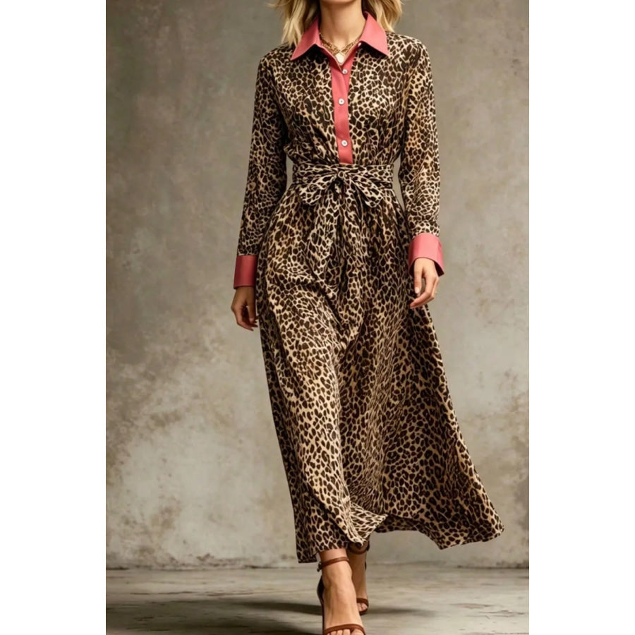 Leopard Print Belted Maxi Shirt Dress Leopard / S Apparel and Accessories