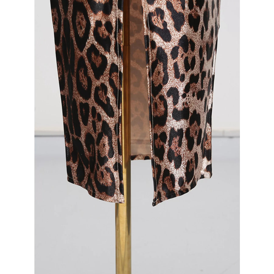Leopard Print Bodycon Back Slit Midi Dress Apparel and Accessories