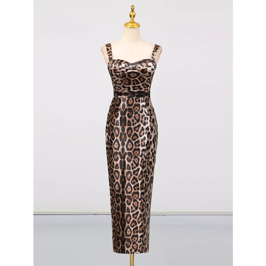 Leopard Print Bodycon Back Slit Midi Dress Leopard Print / S Apparel and Accessories