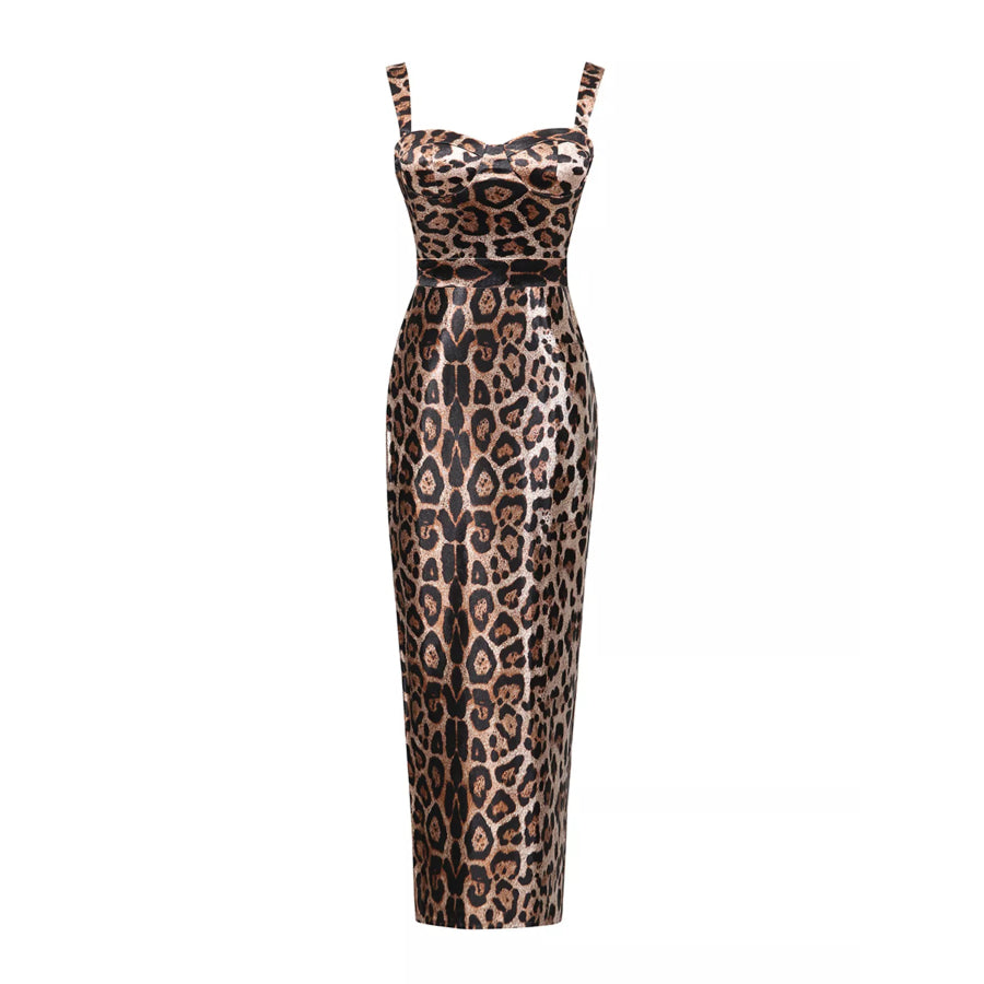 Leopard Print Bodycon Back Slit Midi Dress Apparel and Accessories