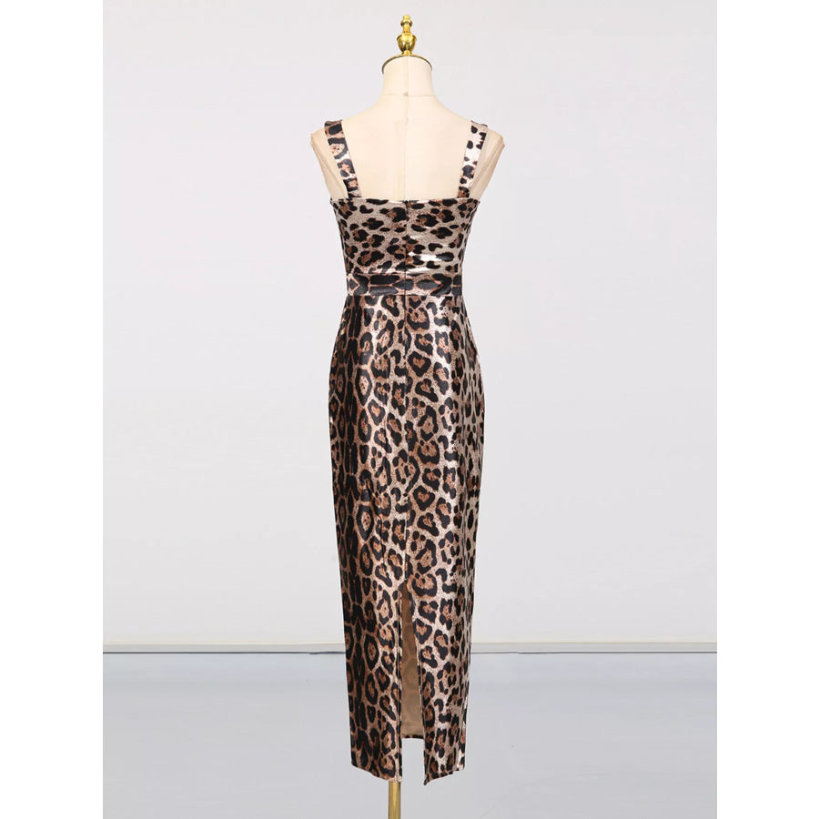 Leopard Print Bodycon Back Slit Midi Dress Apparel and Accessories