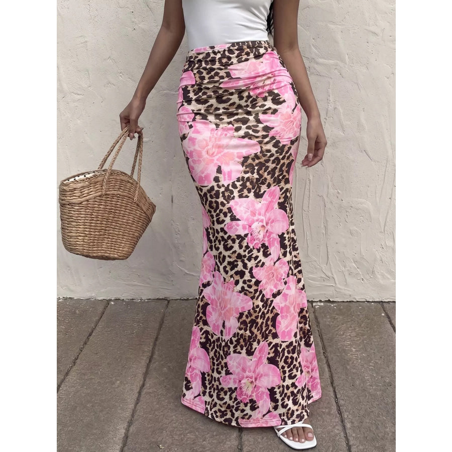 Leopard Print Bodycon Maxi Skirt Blush Pink / S Apparel and Accessories