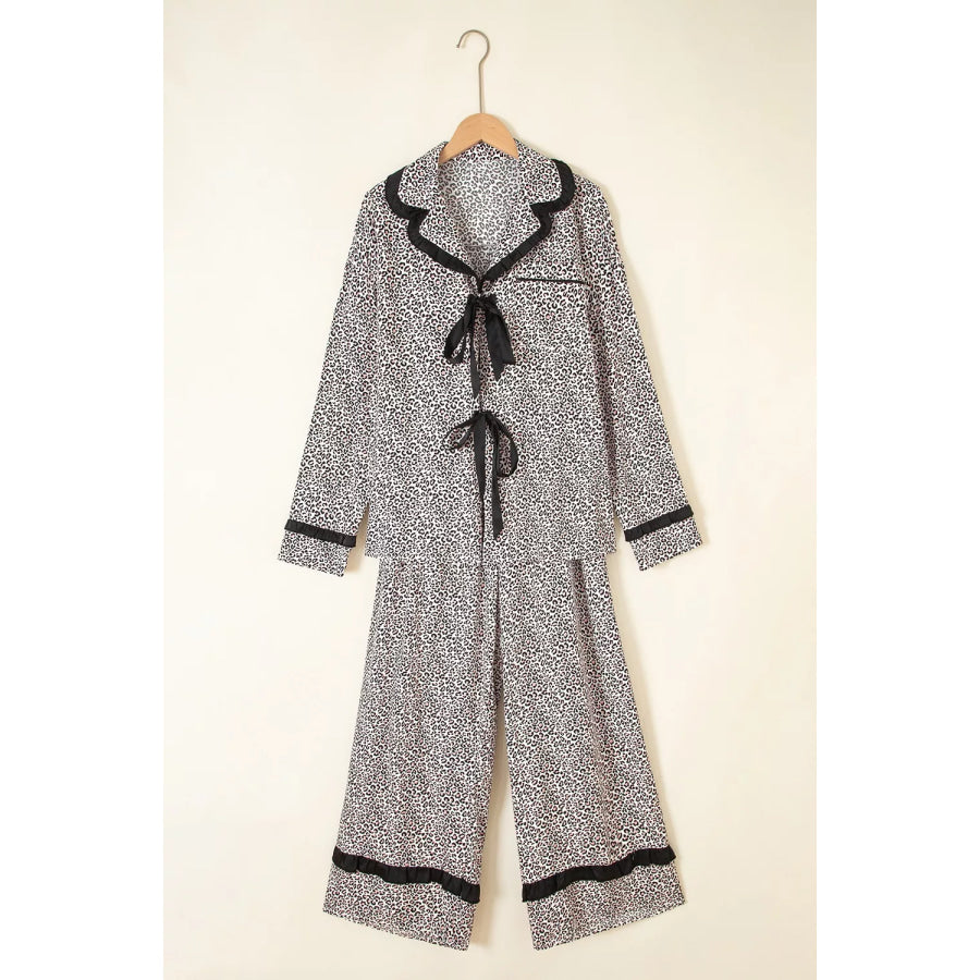 Leopard Print Bow Knot Patchwork Long Sleeve Lounge Set Apparel and Accessories