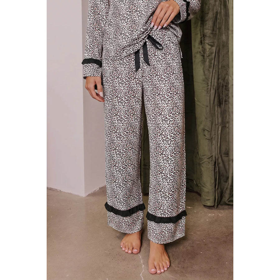 Leopard Print Bow Knot Patchwork Long Sleeve Lounge Set Apparel and Accessories
