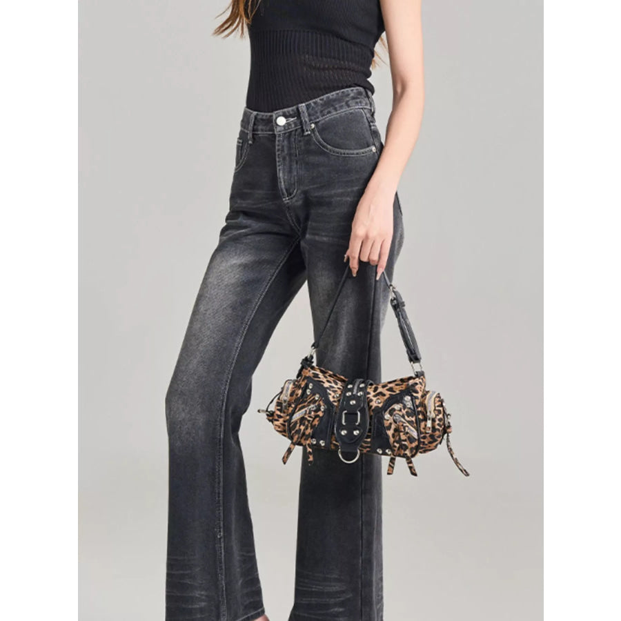 Leopard Print Buckle Shoulder Bag Black / onesize Apparel and Accessories