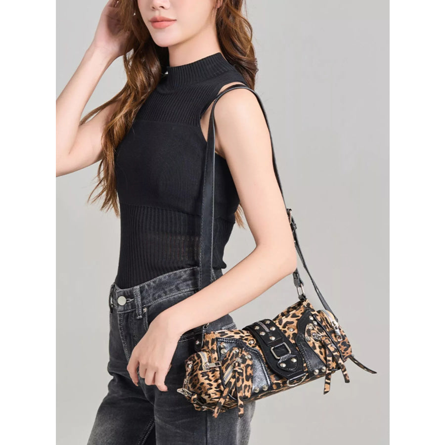 Leopard Print Buckle Shoulder Bag Black / onesize Apparel and Accessories