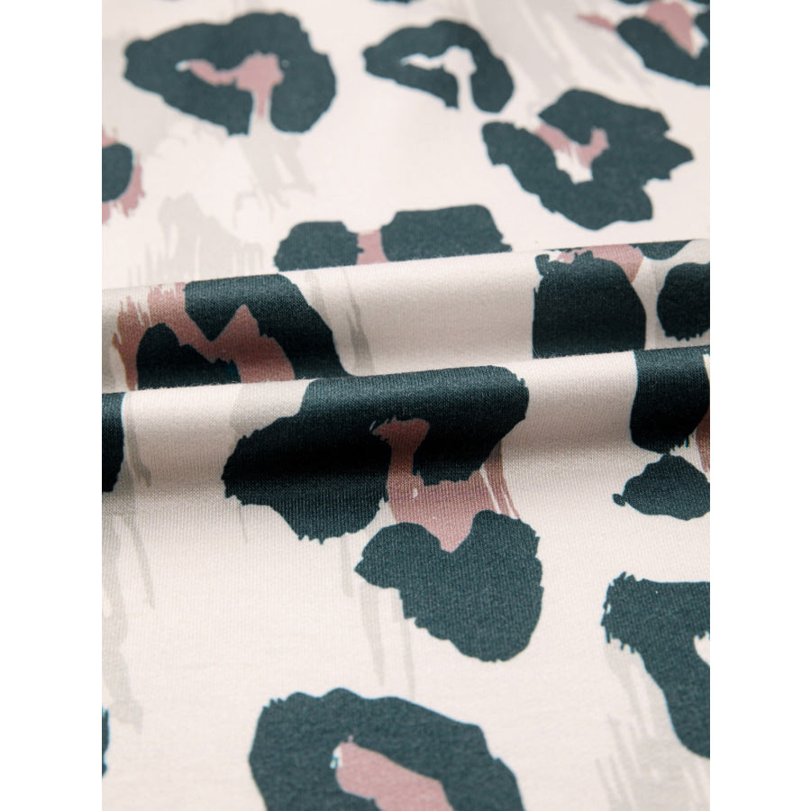 \Leopard Print Button Contrast Collared Short Sleeve Blouse Apparel and Accessories
