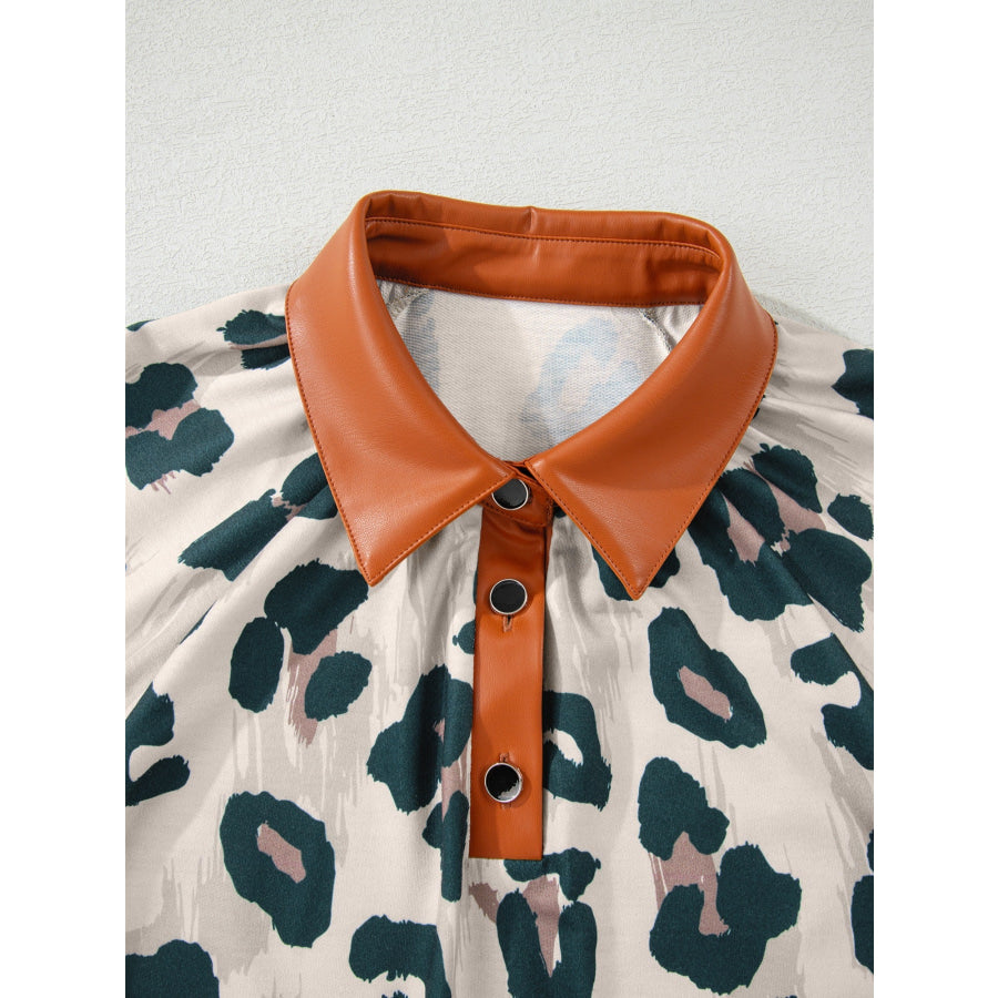 \Leopard Print Button Contrast Collared Short Sleeve Blouse Apparel and Accessories