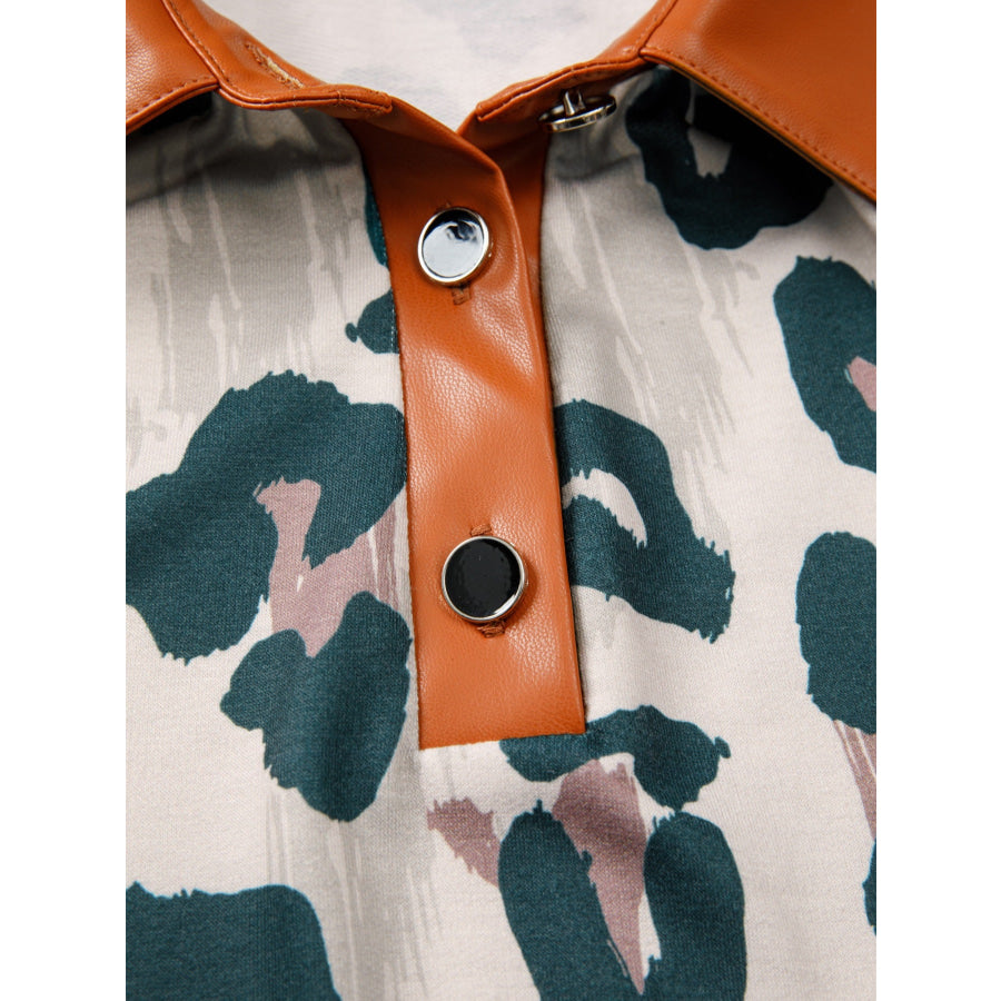 \Leopard Print Button Contrast Collared Short Sleeve Blouse Apparel and Accessories