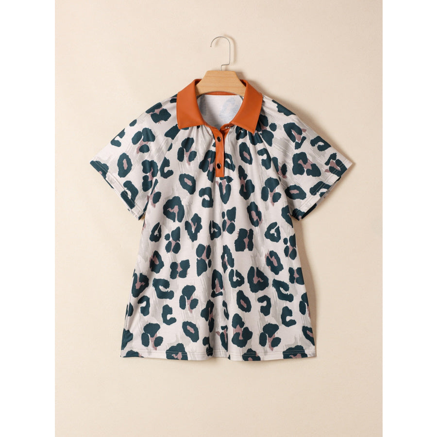 \Leopard Print Button Contrast Collared Short Sleeve Blouse Apparel and Accessories