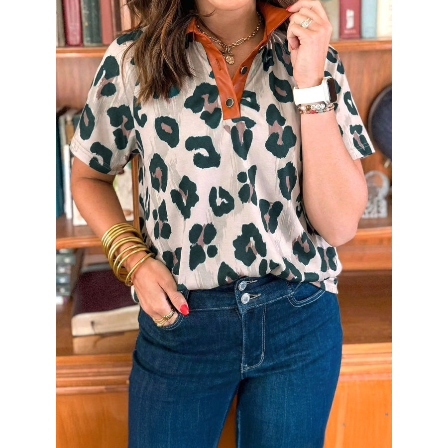 \Leopard Print Button Contrast Collared Short Sleeve Blouse Apparel and Accessories
