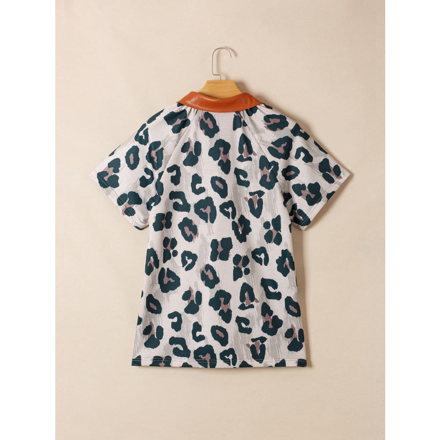 \Leopard Print Button Contrast Collared Short Sleeve Blouse Apparel and Accessories