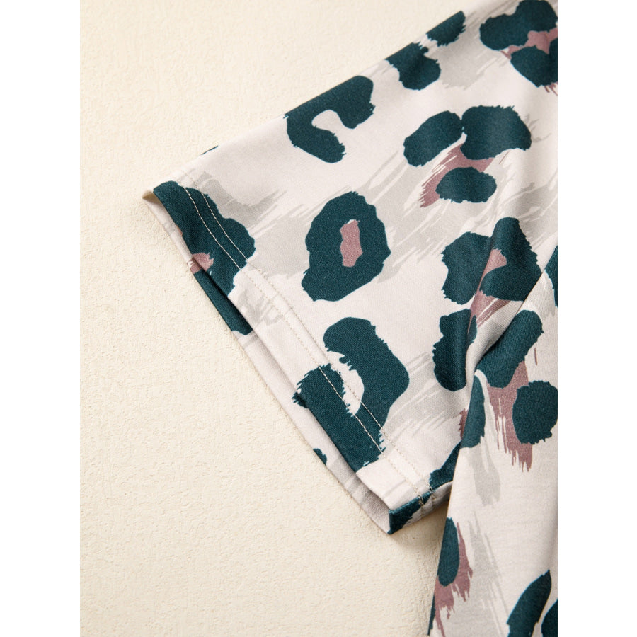 \Leopard Print Button Contrast Collared Short Sleeve Blouse Apparel and Accessories