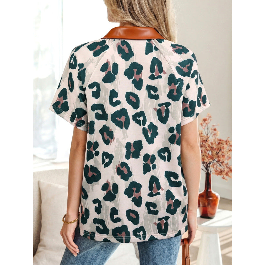 \Leopard Print Button Contrast Collared Short Sleeve Blouse Apparel and Accessories