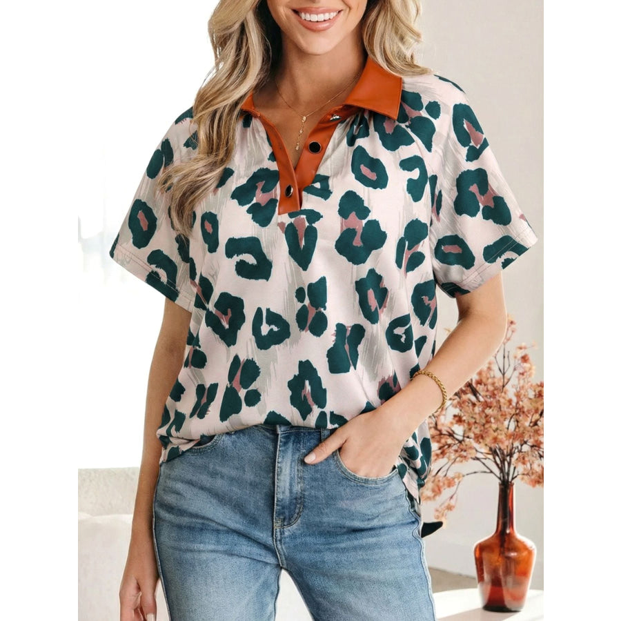 \Leopard Print Button Contrast Collared Short Sleeve Blouse Leopard / S Apparel and Accessories