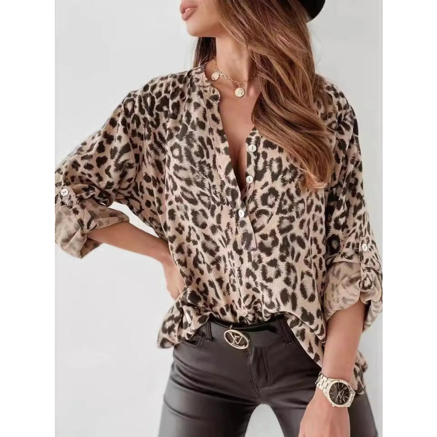 Leopard Print Button Detail Blouse Apricot / S Apparel and Accessories