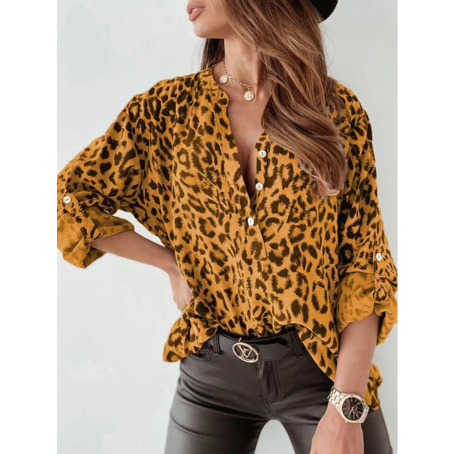 Leopard Print Button Detail Blouse Gold / S Apparel and Accessories