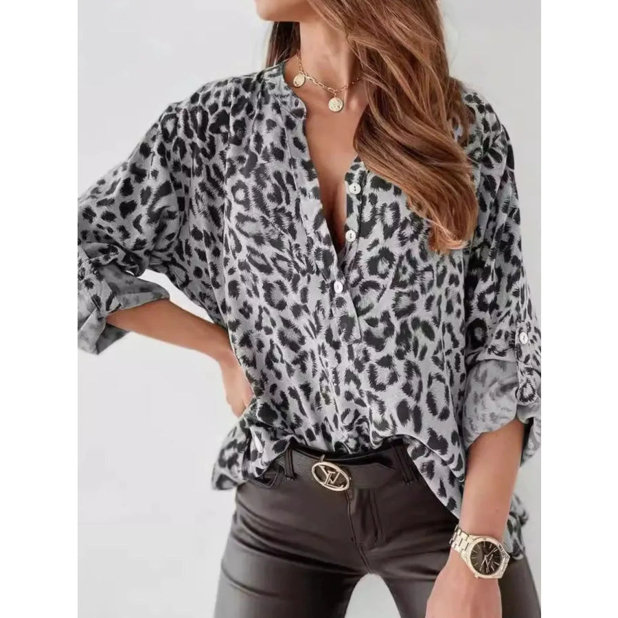 Leopard Print Button Detail Blouse Gray / S Apparel and Accessories
