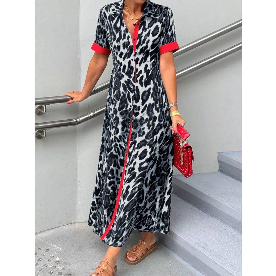 Leopard Print Button-Down Dress with Contrast Trim Apparel and Accessories