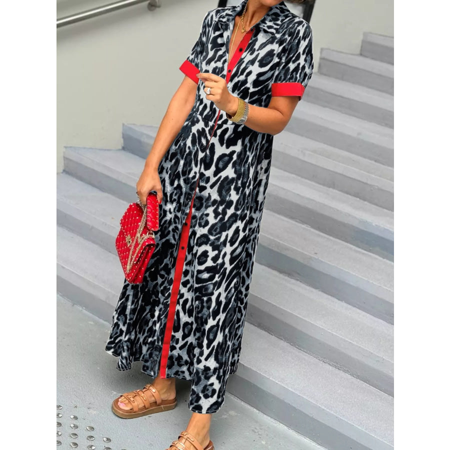 Leopard Print Button-Down Dress with Contrast Trim Apparel and Accessories