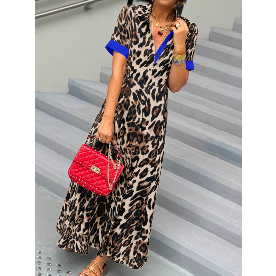 Leopard Print Button-Down Dress with Contrast Trim Apparel and Accessories