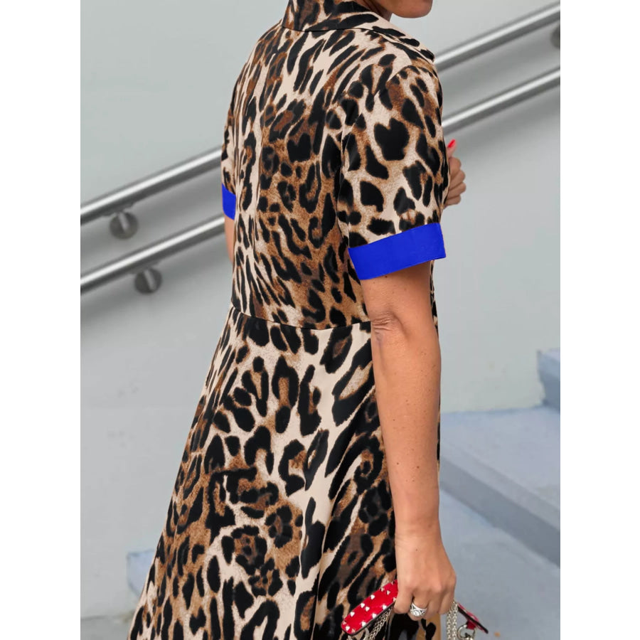 Leopard Print Button-Down Dress with Contrast Trim Apparel and Accessories