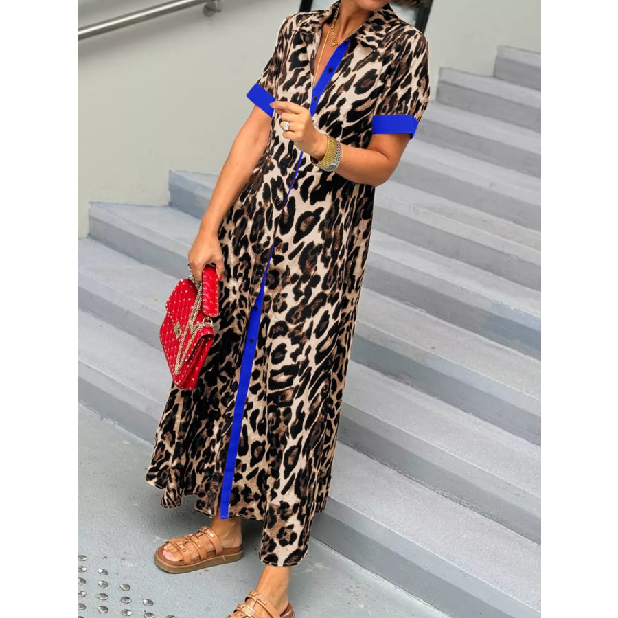Leopard Print Button-Down Dress with Contrast Trim Apparel and Accessories