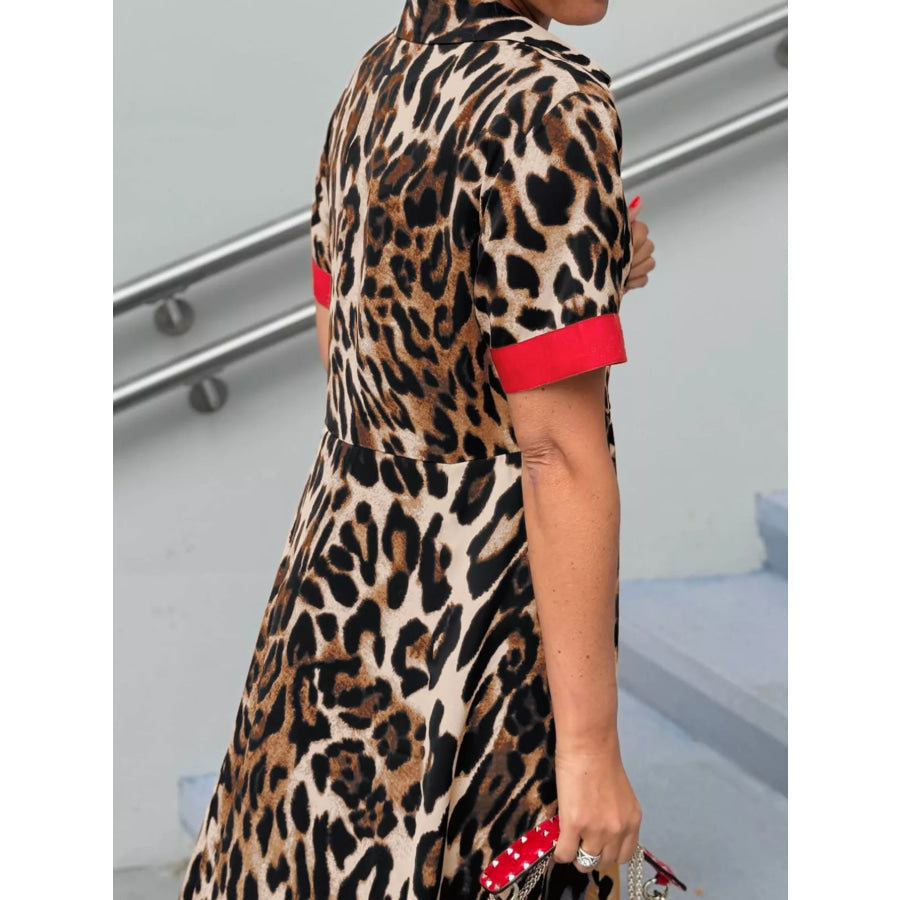 Leopard Print Button-Down Dress with Contrast Trim Apparel and Accessories