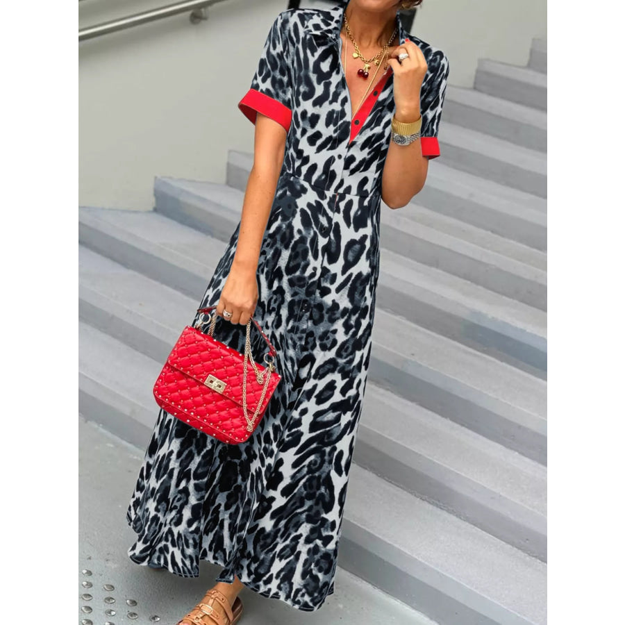 Leopard Print Button-Down Dress with Contrast Trim Apparel and Accessories