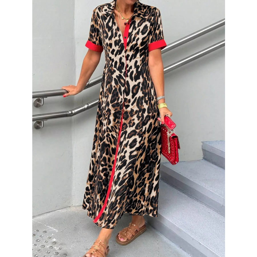 Leopard Print Button-Down Dress with Contrast Trim Apparel and Accessories