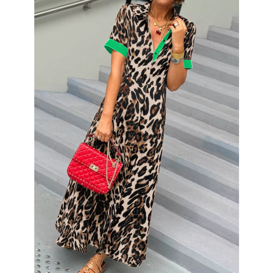 Leopard Print Button-Down Dress with Contrast Trim Apparel and Accessories