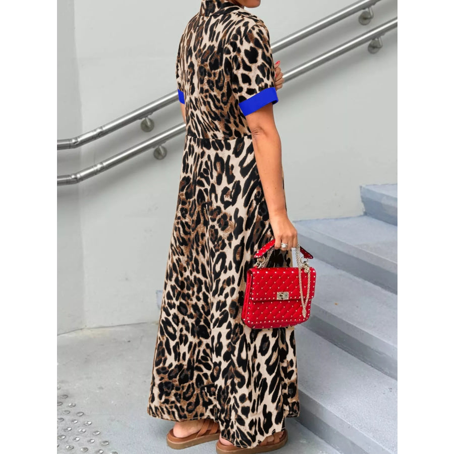 Leopard Print Button-Down Dress with Contrast Trim Apparel and Accessories
