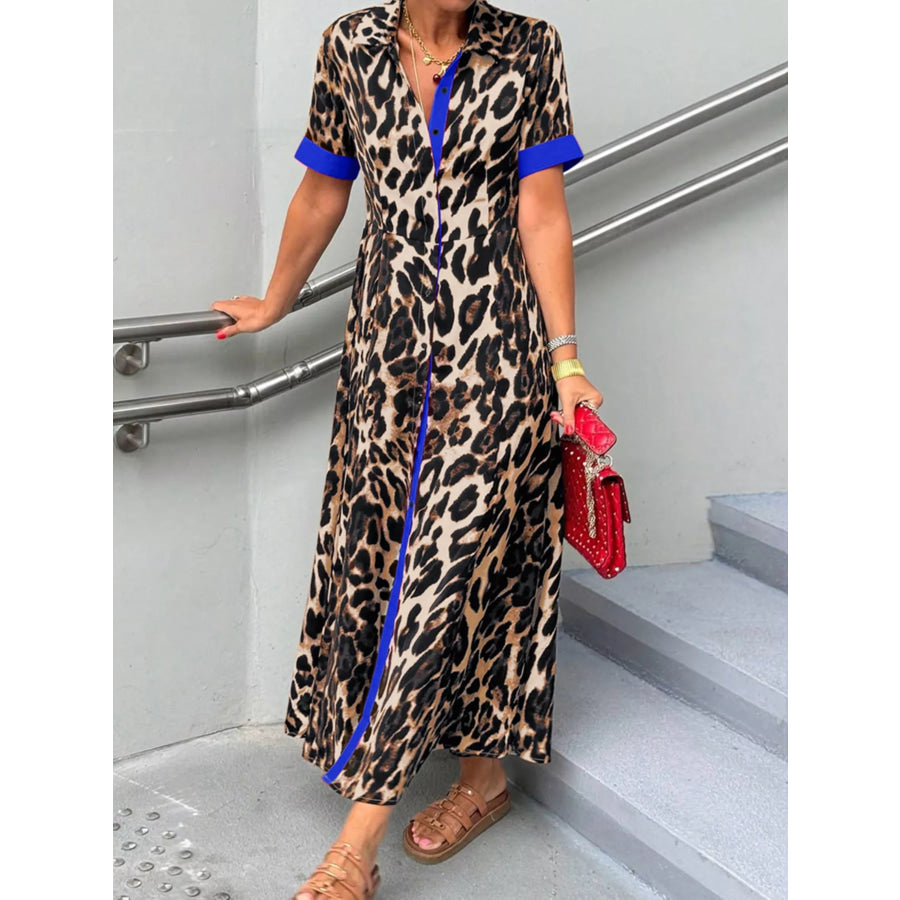 Leopard Print Button-Down Dress with Contrast Trim Apparel and Accessories