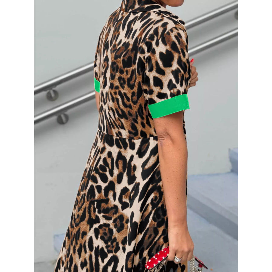 Leopard Print Button-Down Dress with Contrast Trim Apparel and Accessories