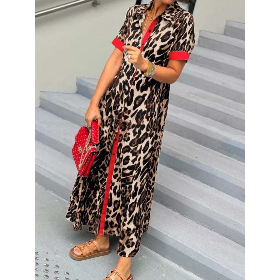 Leopard Print Button-Down Dress with Contrast Trim Apparel and Accessories