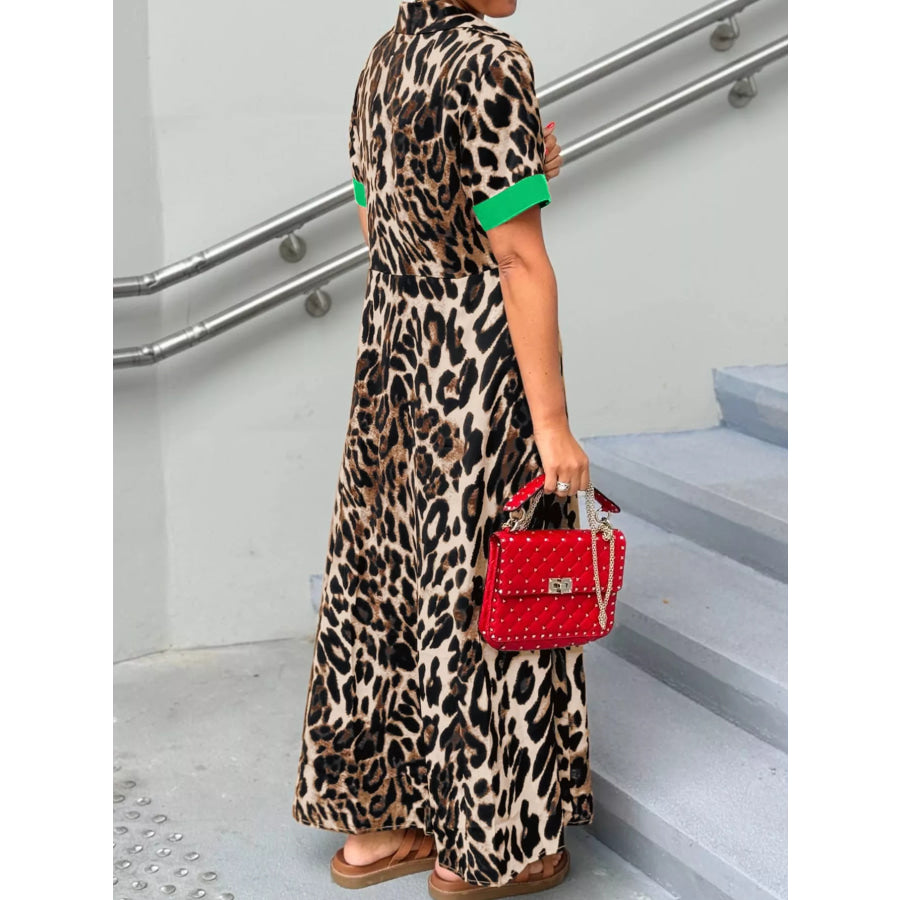 Leopard Print Button-Down Dress with Contrast Trim Apparel and Accessories