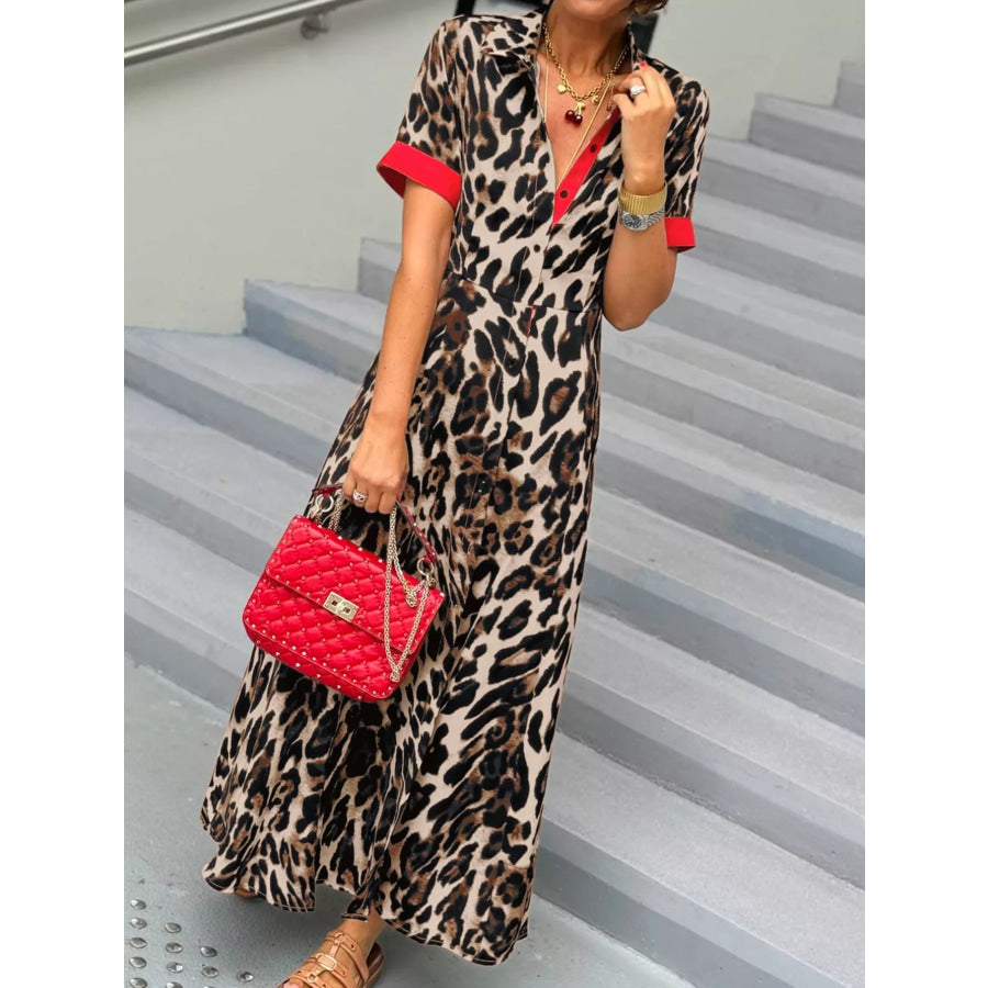 Leopard Print Button-Down Dress with Contrast Trim Apparel and Accessories