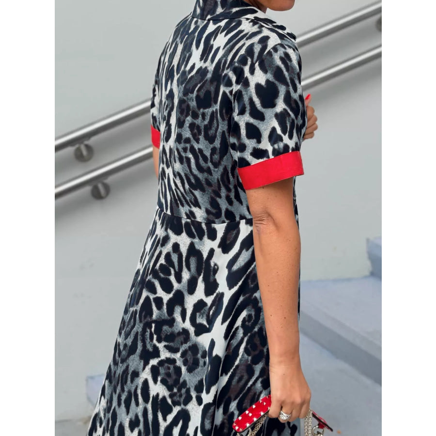Leopard Print Button-Down Dress with Contrast Trim Apparel and Accessories