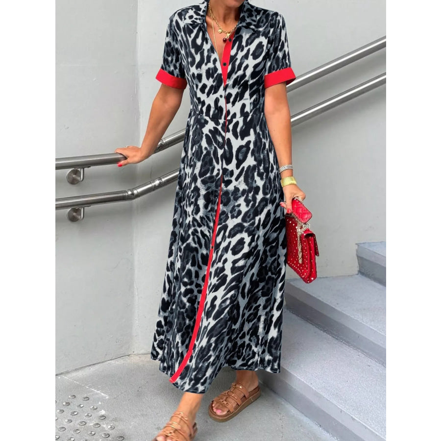 Leopard Print Button-Down Dress with Contrast Trim Apparel and Accessories