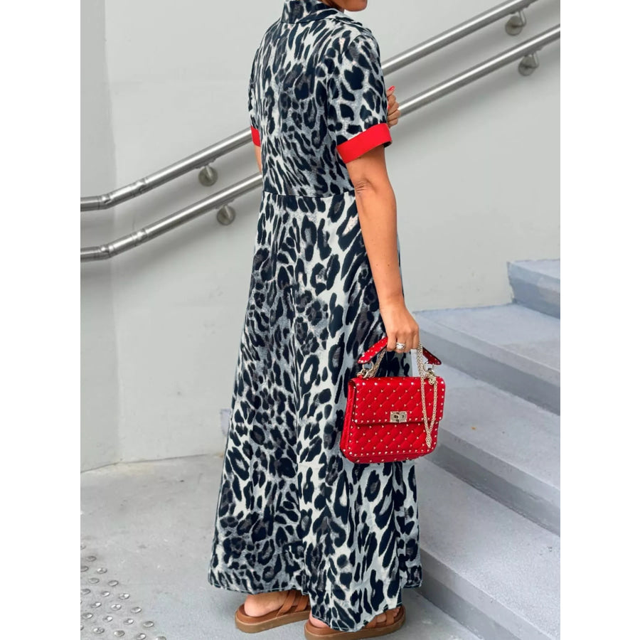 Leopard Print Button-Down Dress with Contrast Trim Dark Gray / S Apparel and Accessories